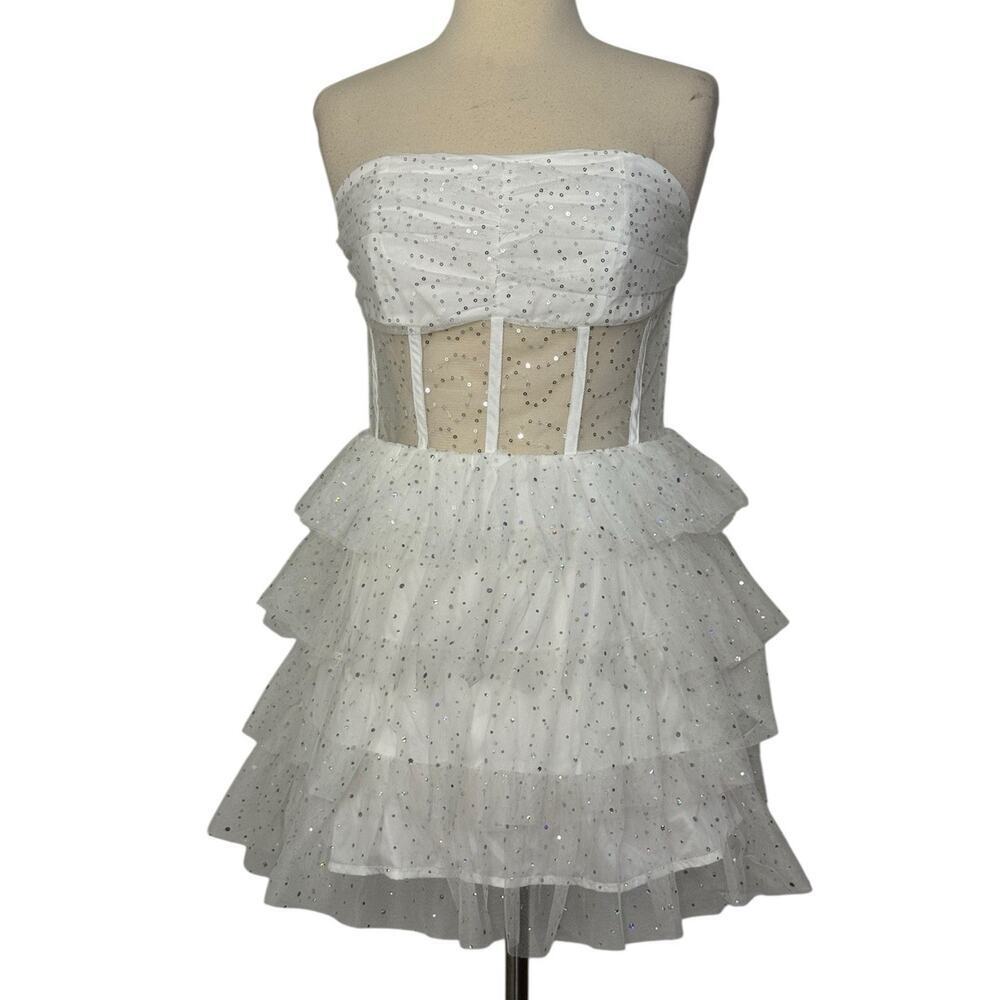 Iridescent Sparkly Sequin Tiered Tulle Mini Dress Mesh Corset Boned Strapless L - Picture 3 of 10